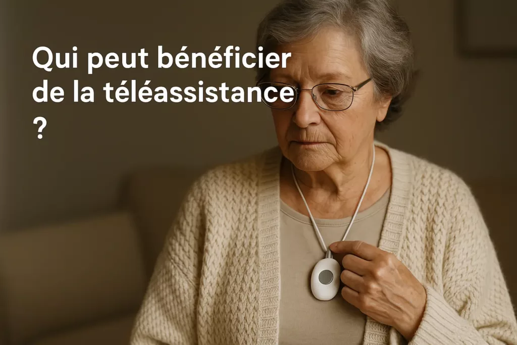 Cette image montre une femme âgée au regard paisible, touchant doucement un pendentif de téléassistance. Elle porte un gilet clair, assise dans un environnement sobre et rassurant. Le texte en haut évoque clairement la question : « Qui peut bénéficier de la téléassistance ? »